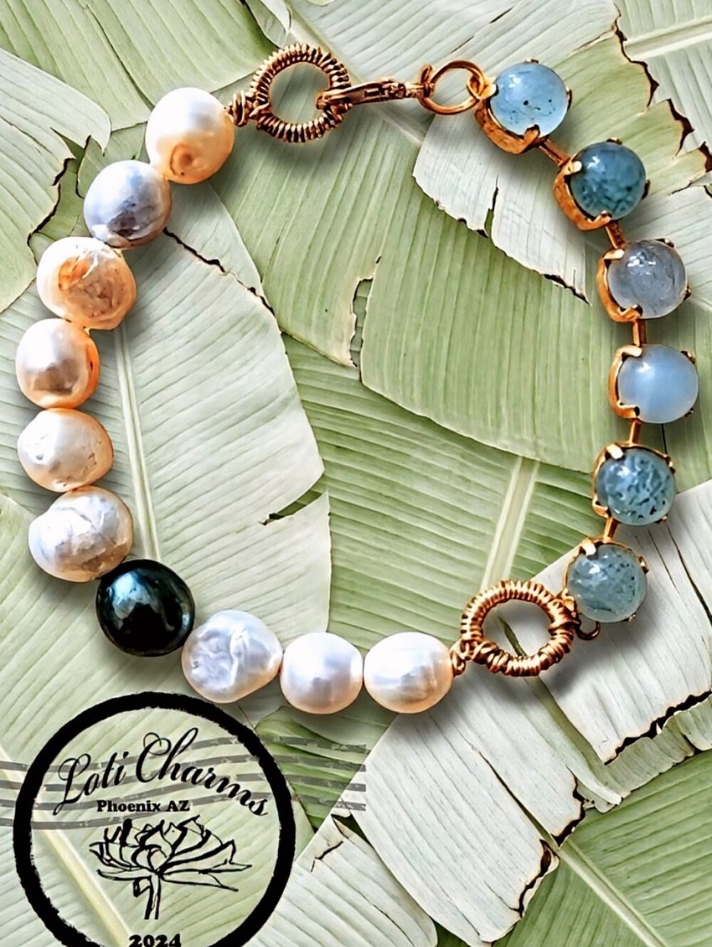 Natural Green Jade and Freshwater Cultured White Baroque Pearls in Yellow Gold